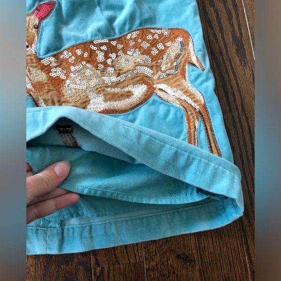 Mini Boden Girls 4-5Y Turquoise Blue Pinafore Bird/Deer Applique Velvet Jumper - Picture 8 of 10